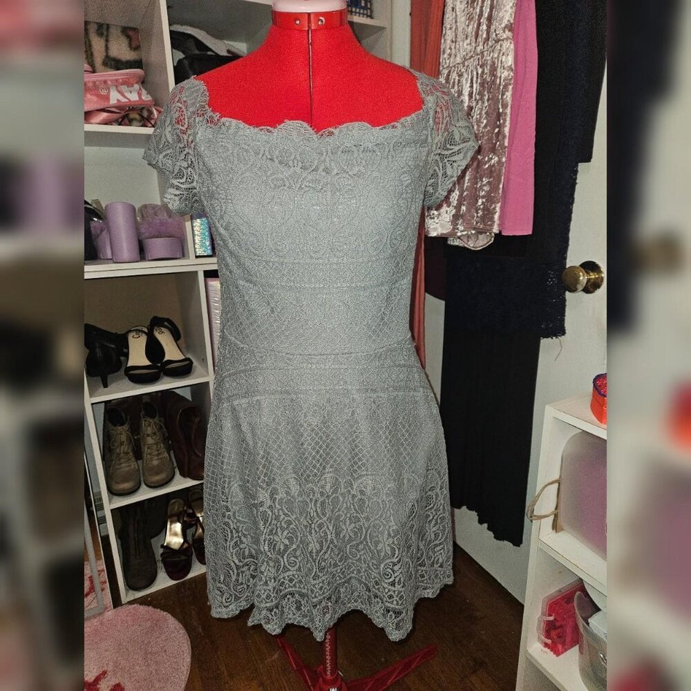 Grey lace off the shoulder dress.